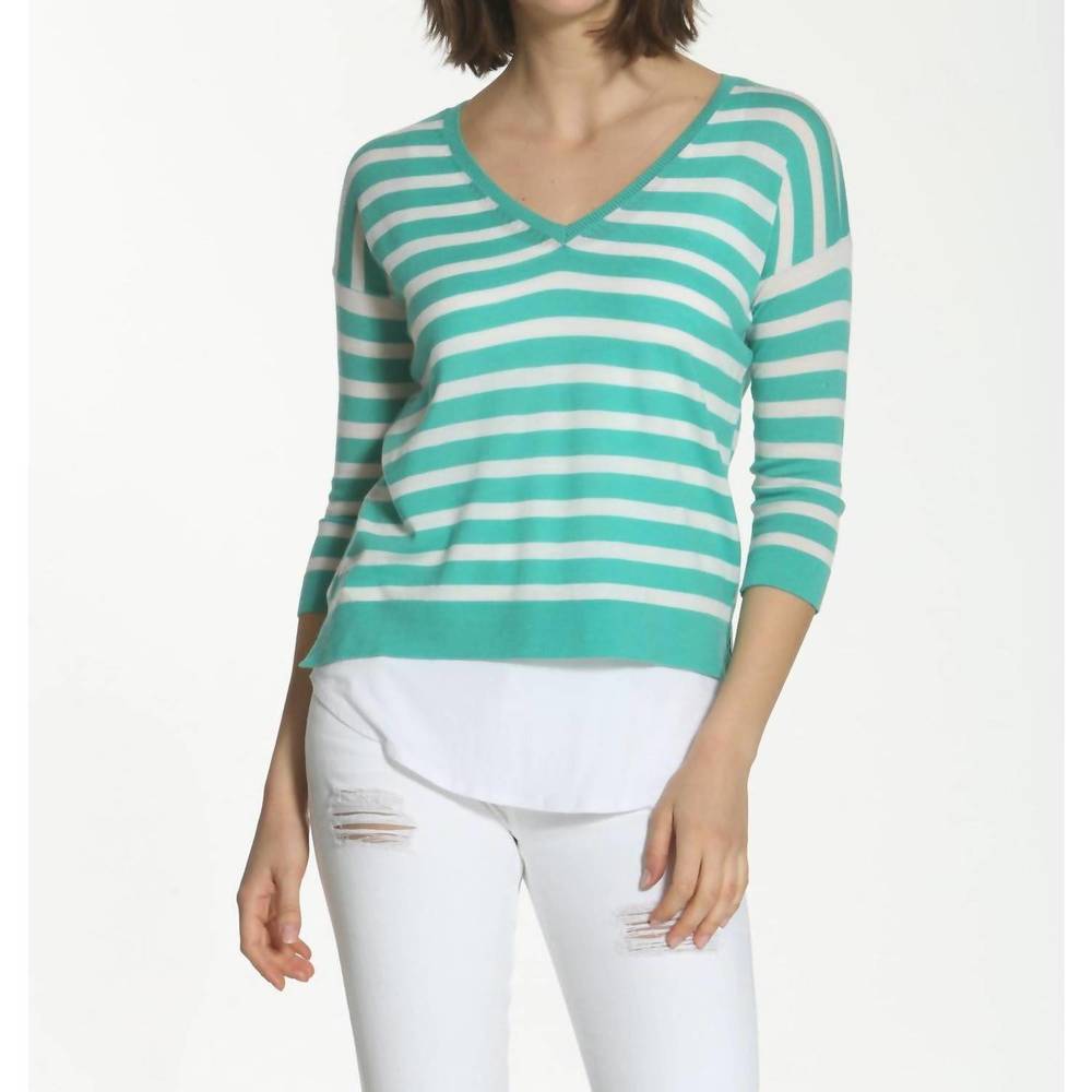 NEW LABEL+THREAD women's striped swing v neck top in turquoise/white